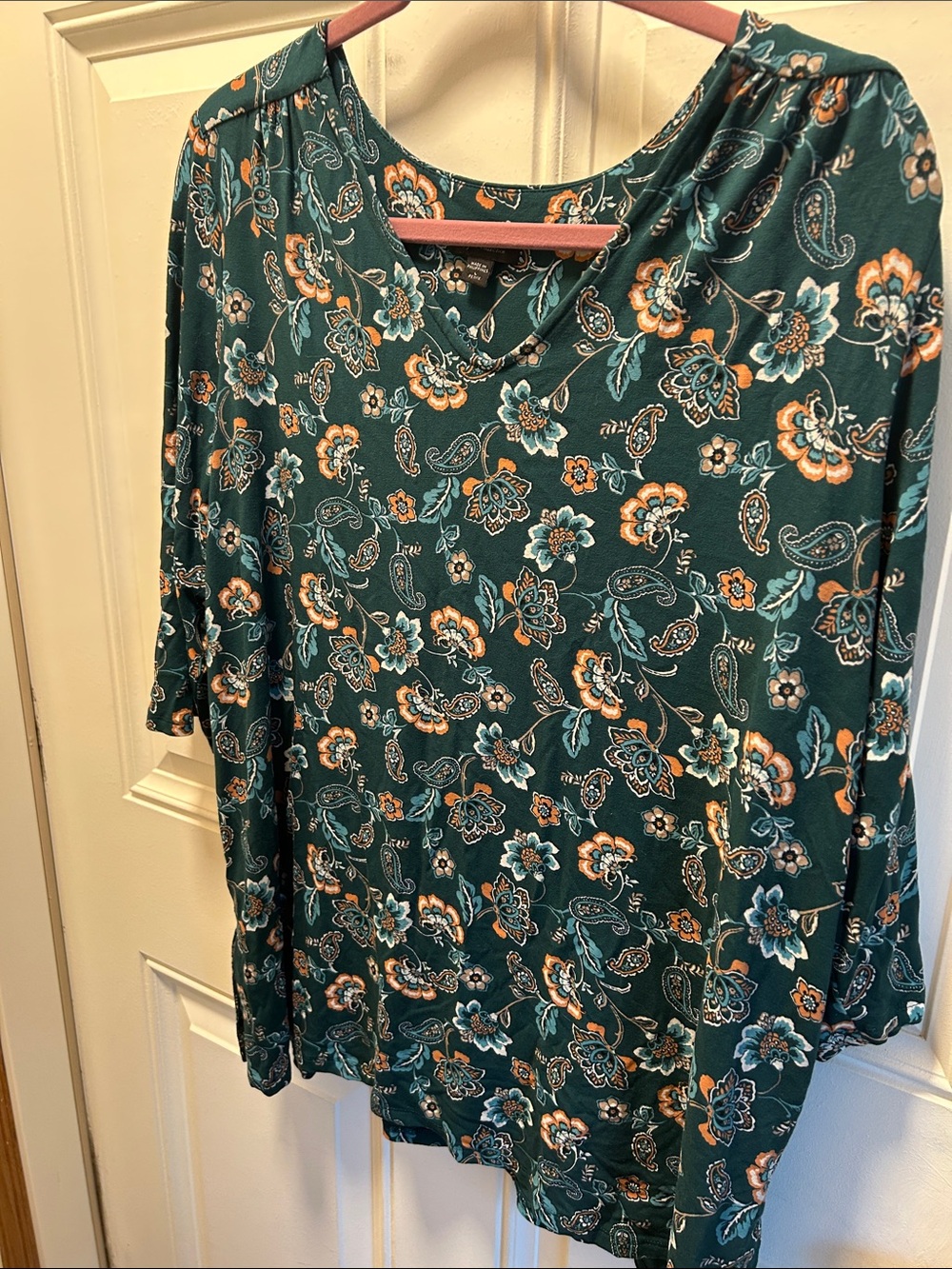 J. Jill Teal Green Floral V-Neck Long Sleeve Top